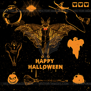 Set of witch, bat, pumpkin, ghost - vector clipart