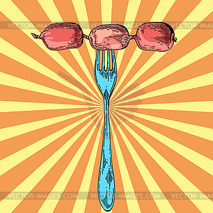 Salami on fork - vector clip art