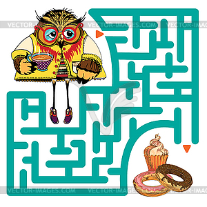 Funny labyrinth with owl - color vector clipart