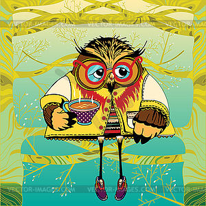 Owl on tree drinking tea - vector clipart