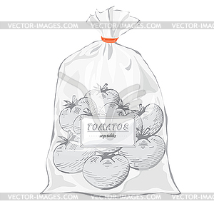 Tomatos monochrome. Transparent bag for food - vector clipart
