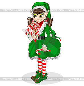 Christmas elf with candy - vector clipart