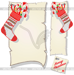 Christmas set empty frame and socks with candy - vector image