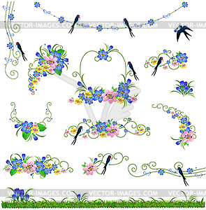 Nature Flowers grass bird frame set - vector clipart