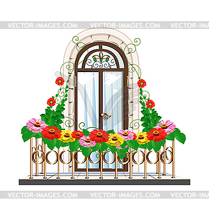 Balcony with flowers beautiful architecture - vector clip art