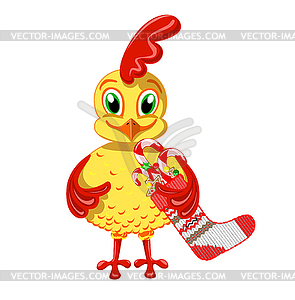 Cheerful Cockerel with Christmas sweets - vector clipart