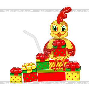 Cockerel with gifts - color vector clipart