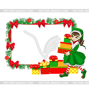 Christmas elf with empty frame - vector clipart