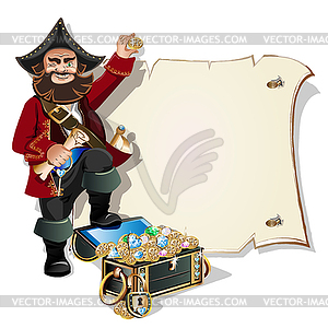 Pirate with treasure frame - vector image