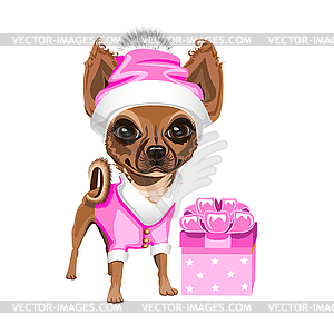 Little dog in Santa Claus hat - vector clip art