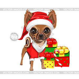 Little dog in red Santa Claus hat - vector clipart