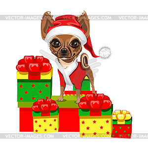 Little dog in red Santa Claus hat - vector clipart