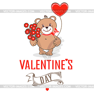 С Днем Святого Валентина Тедди с сердечками - векторный клипарт EPS