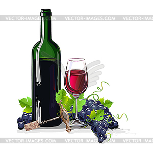 Bottle of wine with bunches of grapes - vector clip art