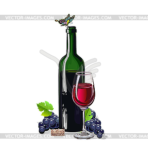 Бутылка вина с гроздьями винограда - векторизованное изображение клипарта