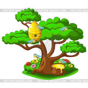 Beehive on a tree with merry bees - color vector clipart