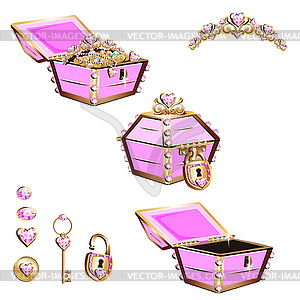 Treasure chest with pink jewels - vector clip art