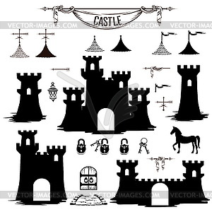 Набор силуэтов замковых башен - стоковый векторный клипарт