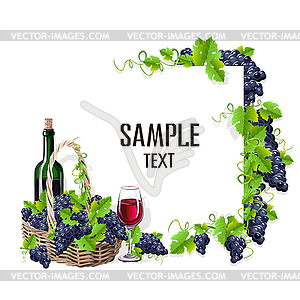 Card template with glass of wine and grapes - royalty-free vector clipart