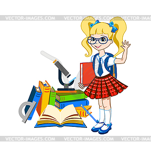 Cute schoolgirl with color books - vector clipart