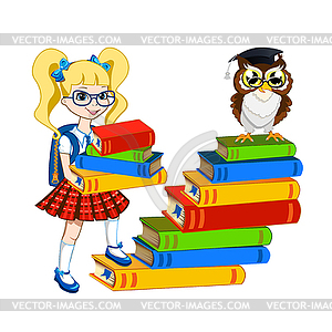 Cute schoolgirl with color books - vector image