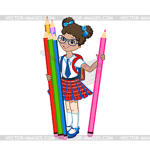 Cute schoolgirl with color pencils - vector image