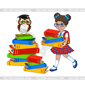 Cute schoolgirl with color books - vector image