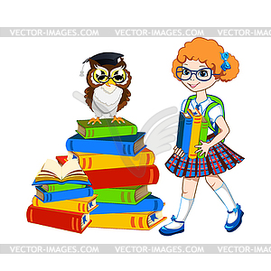 Cute schoolgirl with color books - vector clipart