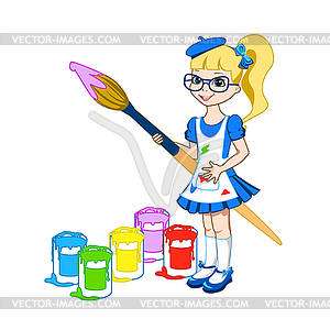 Little girl with brush and paints - vector clip art