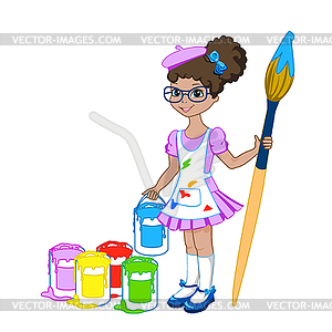 Little girl with brush and paints - vector clipart