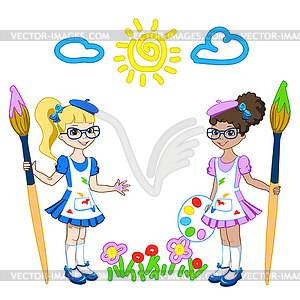 Little girl with brush and paints - vector clipart