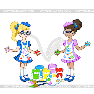 Little girl with brush and paints - vector clip art