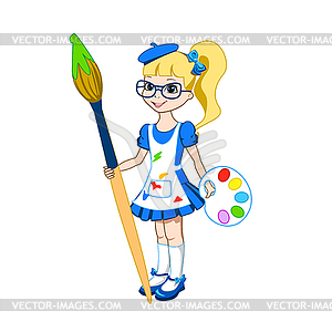 Little girl with brush and paints - vector image