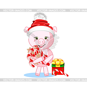 Sweet pig in winter hat - vector image