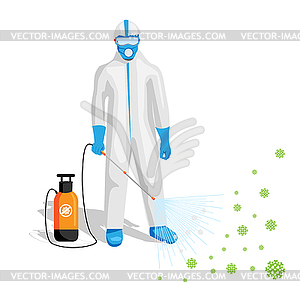 Man in protective suit disinfects - vector image