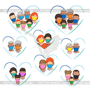 Families in medical masks - vector clipart