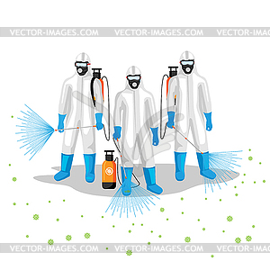 People in protective suits carry out disinfection - vector clip art
