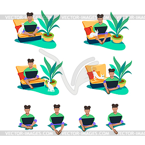 Freelancer girl working at home on laptop - vector clipart