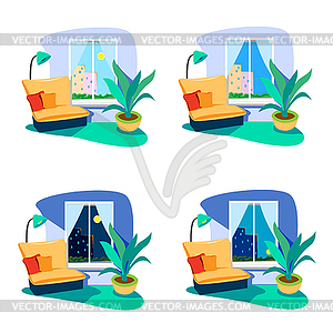 Room interior at different times of day - vector image