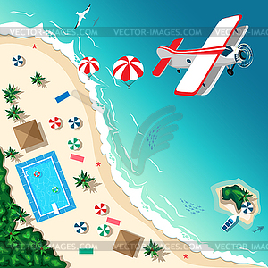 Airplane and parachutist over tropical beach - vector image