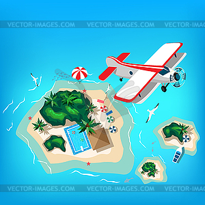 Airplane and parachutist over tropical beach - vector clipart