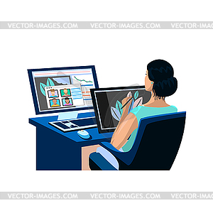Girl works at home - vector clipart
