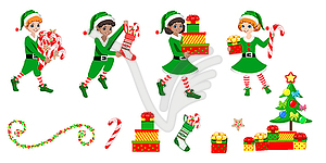 Vector set of happy Christmas elf with gifts - royalty-free vector clipart