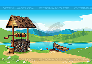 Old village well - vector image