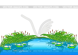 Lake with reeds and water lilies - vector image