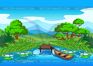 Old boat tied to the pier - vector clipart