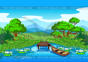 Old boat tied to the pier  - vector clipart