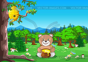 Teddy bear with honey - vector image