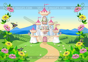 Сказочный фон с замком принцессы - рисунок в векторном формате