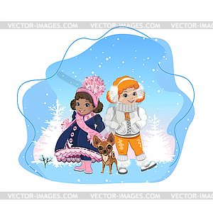 Cute girl on winter background  - vector clip art